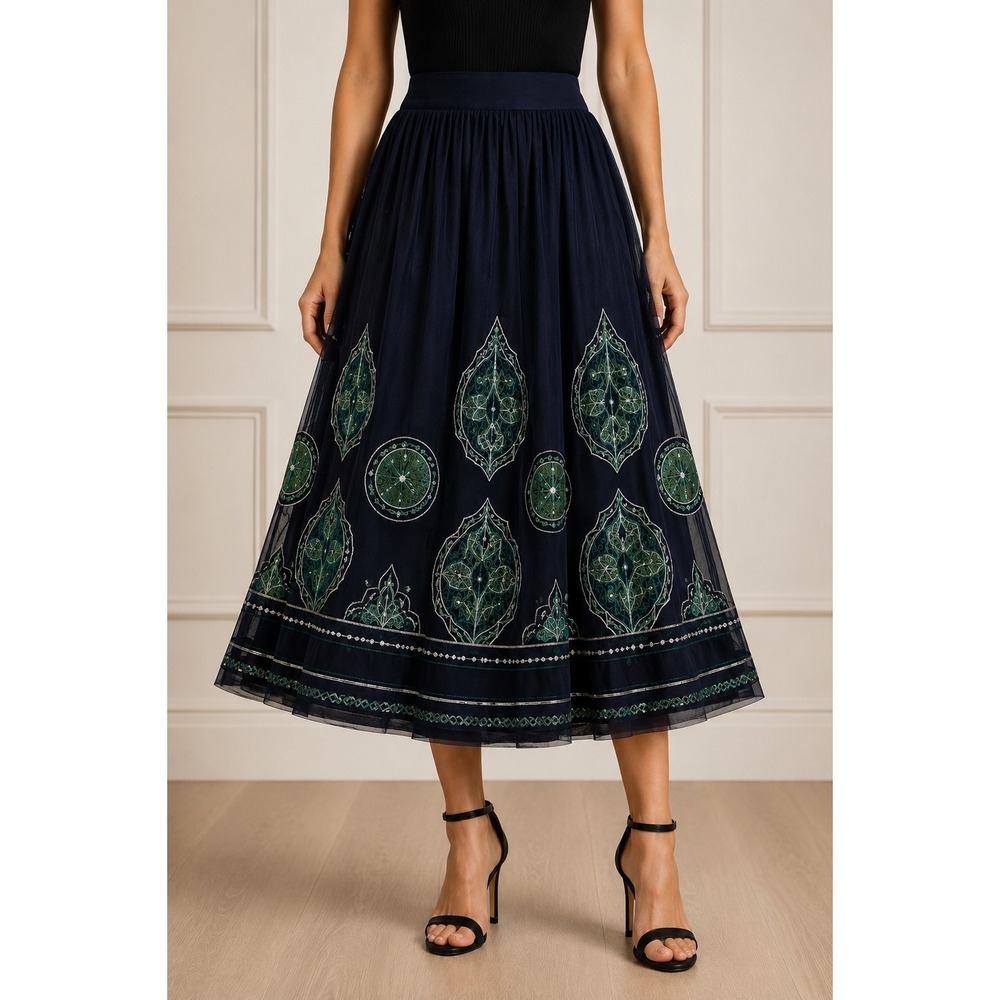 Embroidered Tulle Midi Skirt Sz 10 Navy Blue & Green Whimsigoth Romantic Boho‎